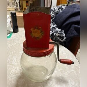 Vintage Nut Chopper Hazel Atlas Grinder 5935 Glass Jar Floral Rose Nutmeg Spice